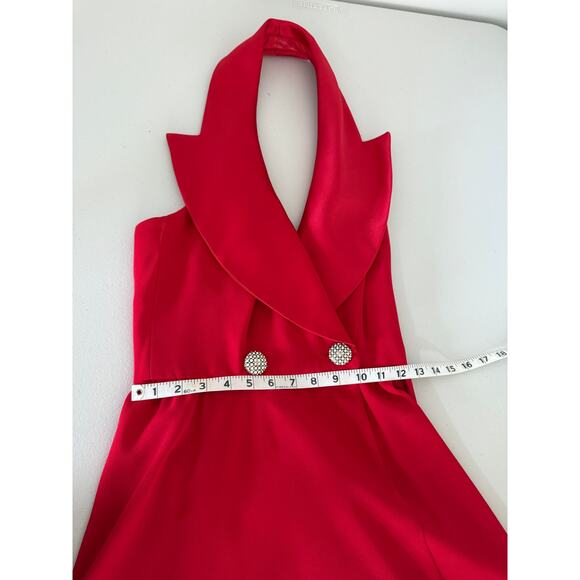 Vintage Vtg 80s 90s Huey Waltzer Red Satin Lapel Halter Cocktail Mini Dress US 2 - Picture 7 of 11